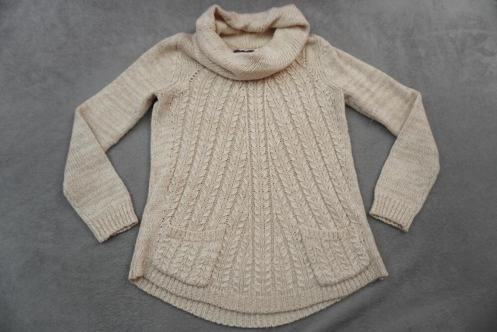 Guinevere Sweater Womens Medium Beige Cowl Neck Tunic Cable Knit Pockets Soft